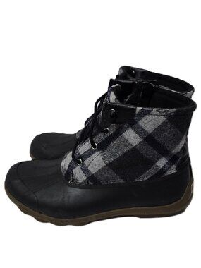 Sperry Ankle Saltwater Duck Boots 10 Women Wool Waterproof Rubber Black Plaid